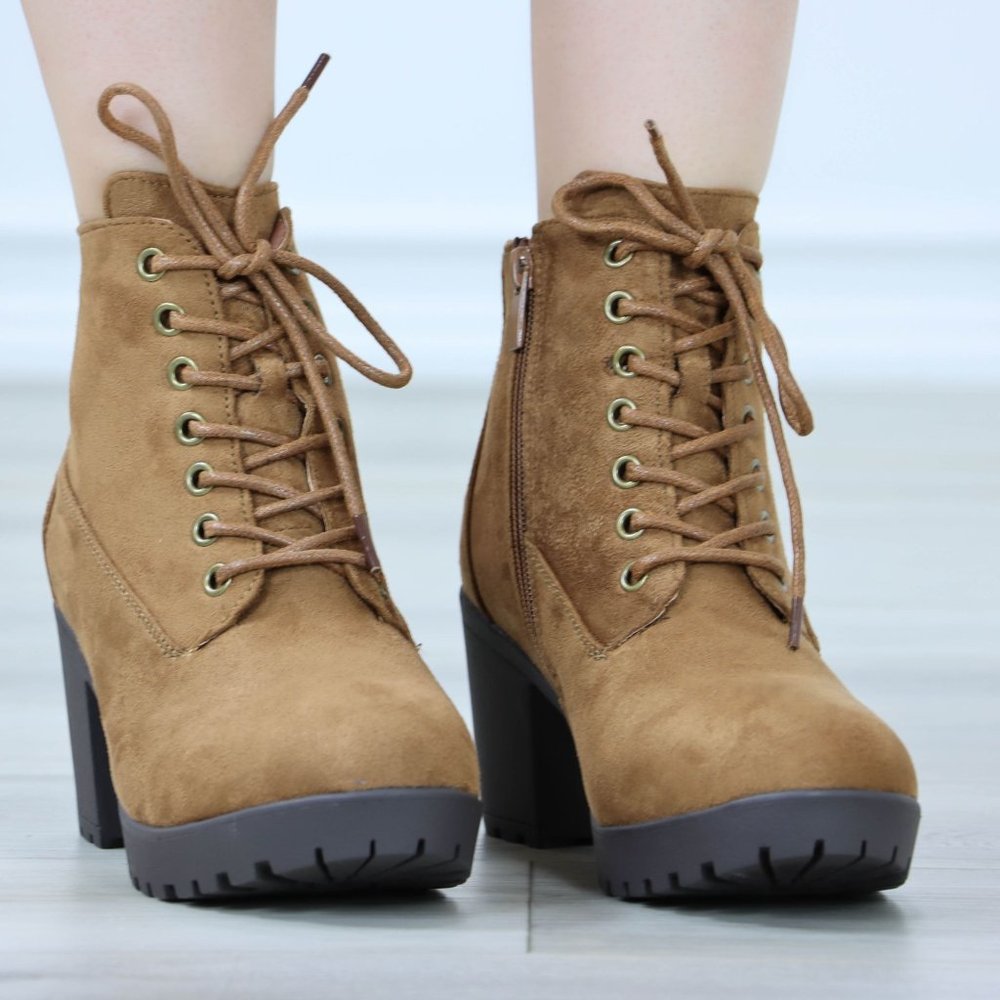 Tan Ankle Boots Chunky Block Lug High Heel Booties Lace-Up - Picture 5 of 12